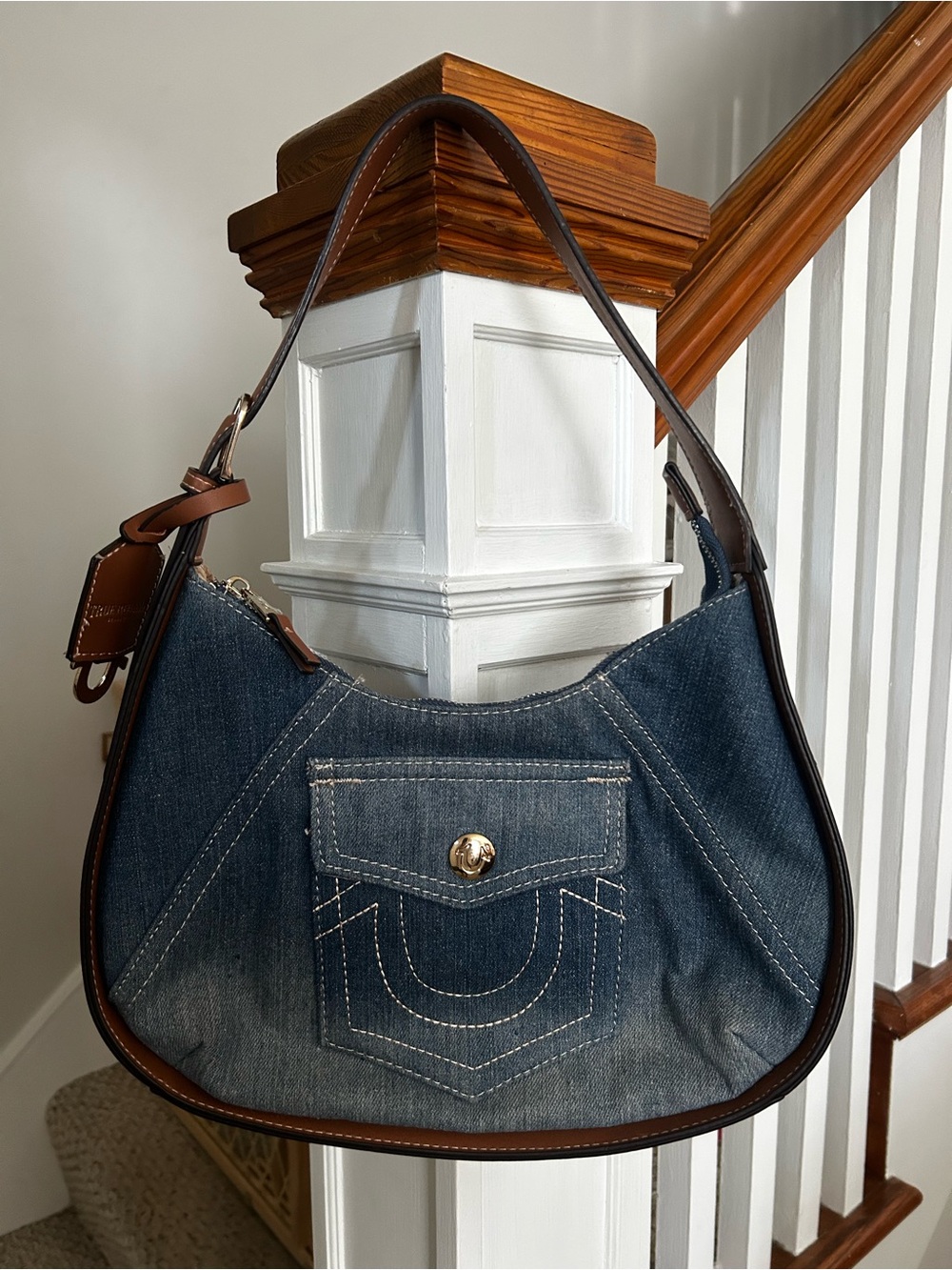 True Religion Denim Shoulder Bag with Brown Leather Trim - Blue